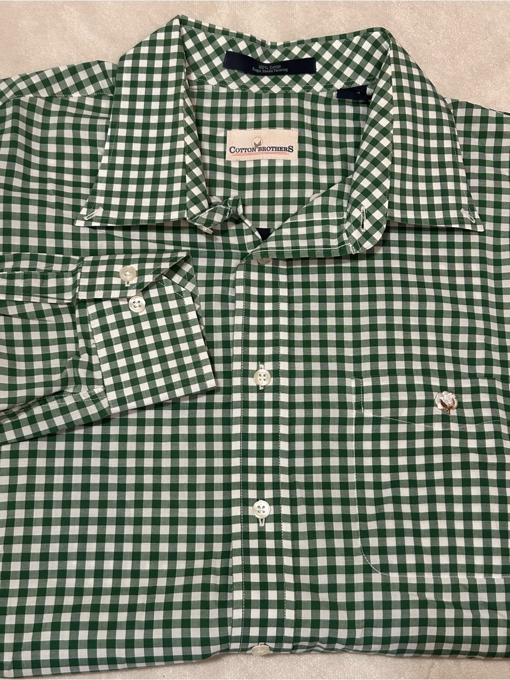 Cotton Brothers Gingham Check Button Down Shirt Mens XL Green White Long Sleeve
